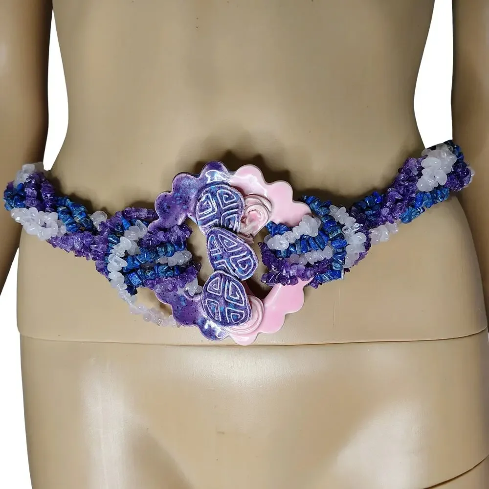 Ceramic Purple Amethyst Lapis Lazuli Rose Quartz Belt Statement Buckle Vintage